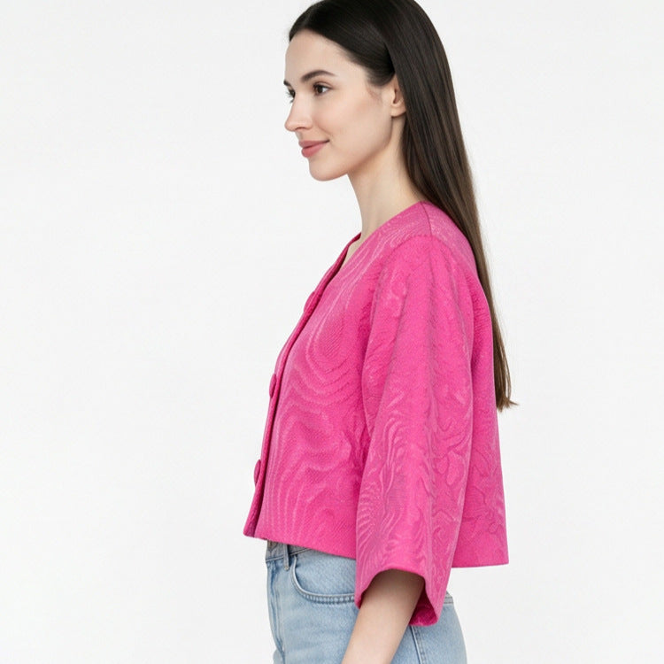 Women short-cut structured jacquard jacket with round neck & large fabric buttons Amarae