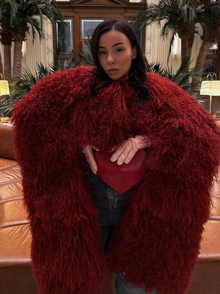 Women Extravagant Oversize Faux Fur Coat with Long Pile Curl Structure Amarae