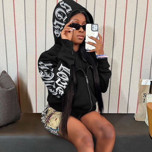 Hooded jacket for women with striking inscription and high-quality material Amarae