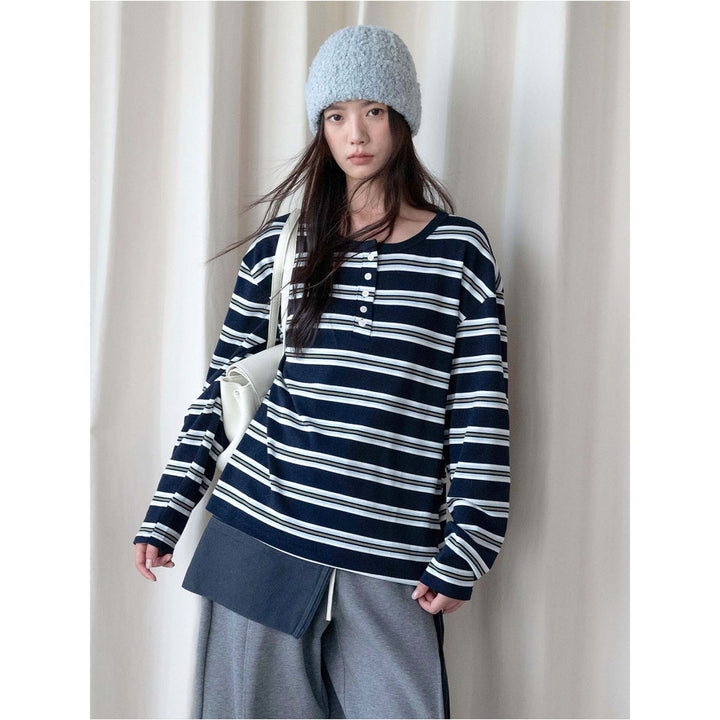 Women Striped Oversized Long Sleeve Shirt with Henley Button Placket Amarae