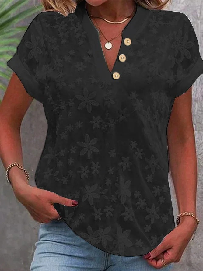 Women’s blouse with embroidered floral pattern and classic V-neck Lune London
