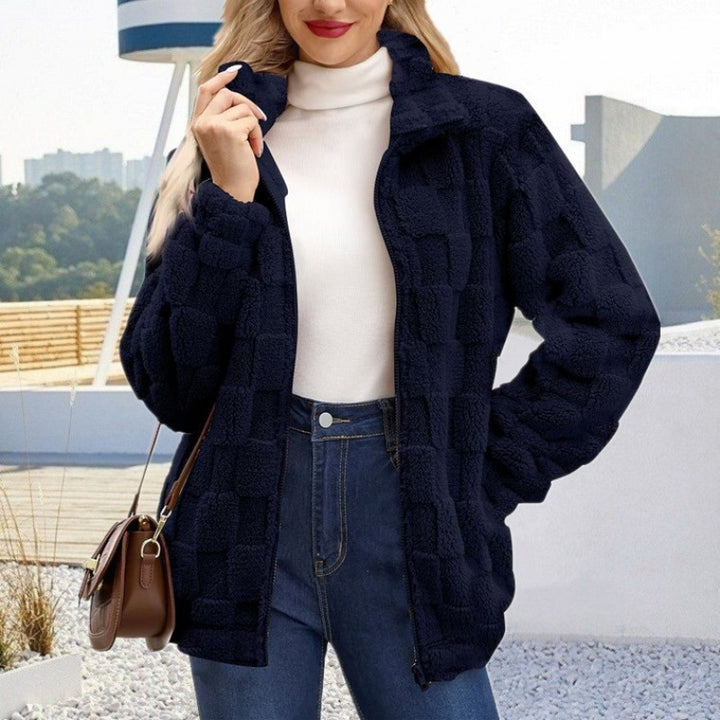 Women's teddy jacket with check structure, stand-up collar and zipper Amarae