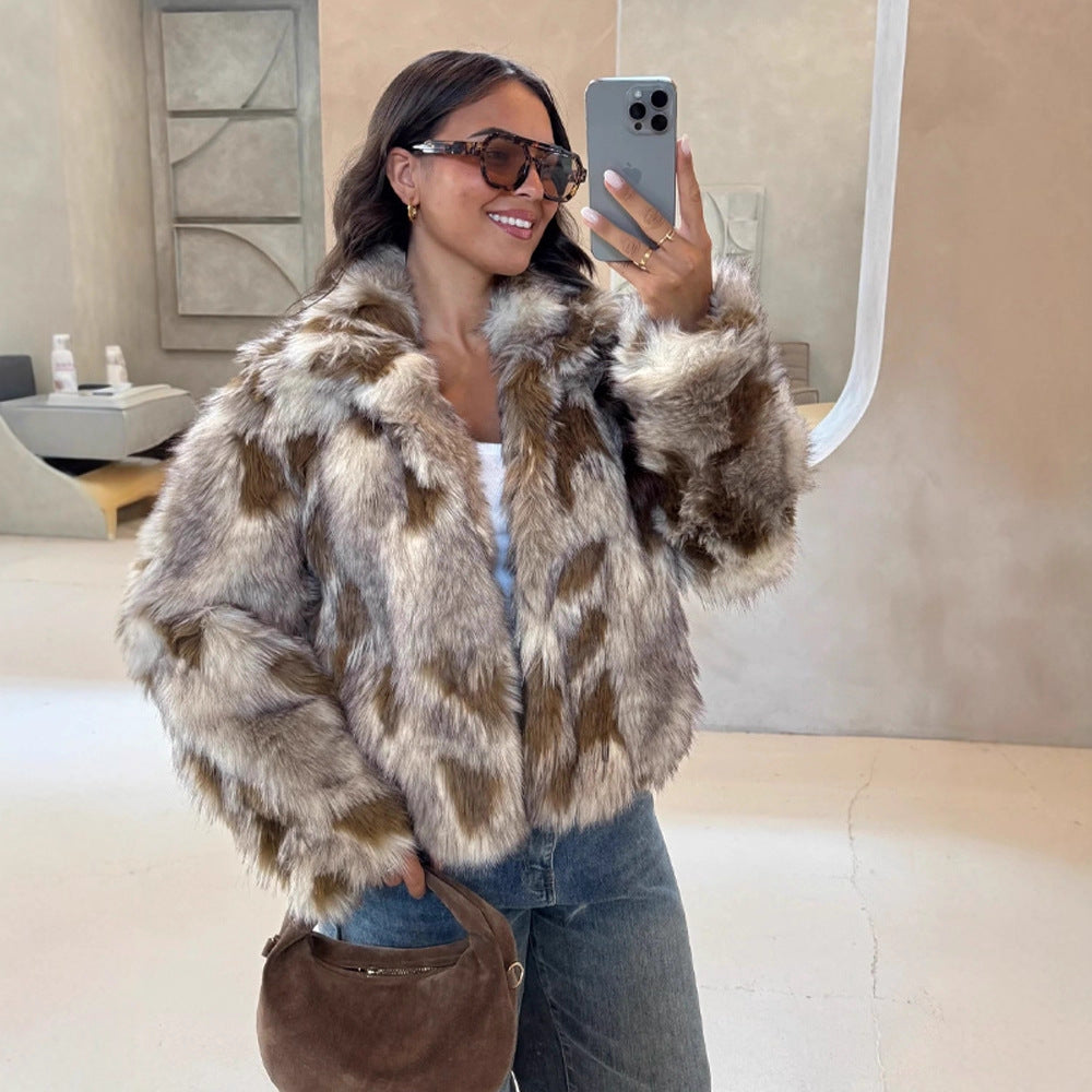 Women's Boxy Short Jacket made of Woven Fur with Natural Fur Look and Wide Shawl Collar Amarae