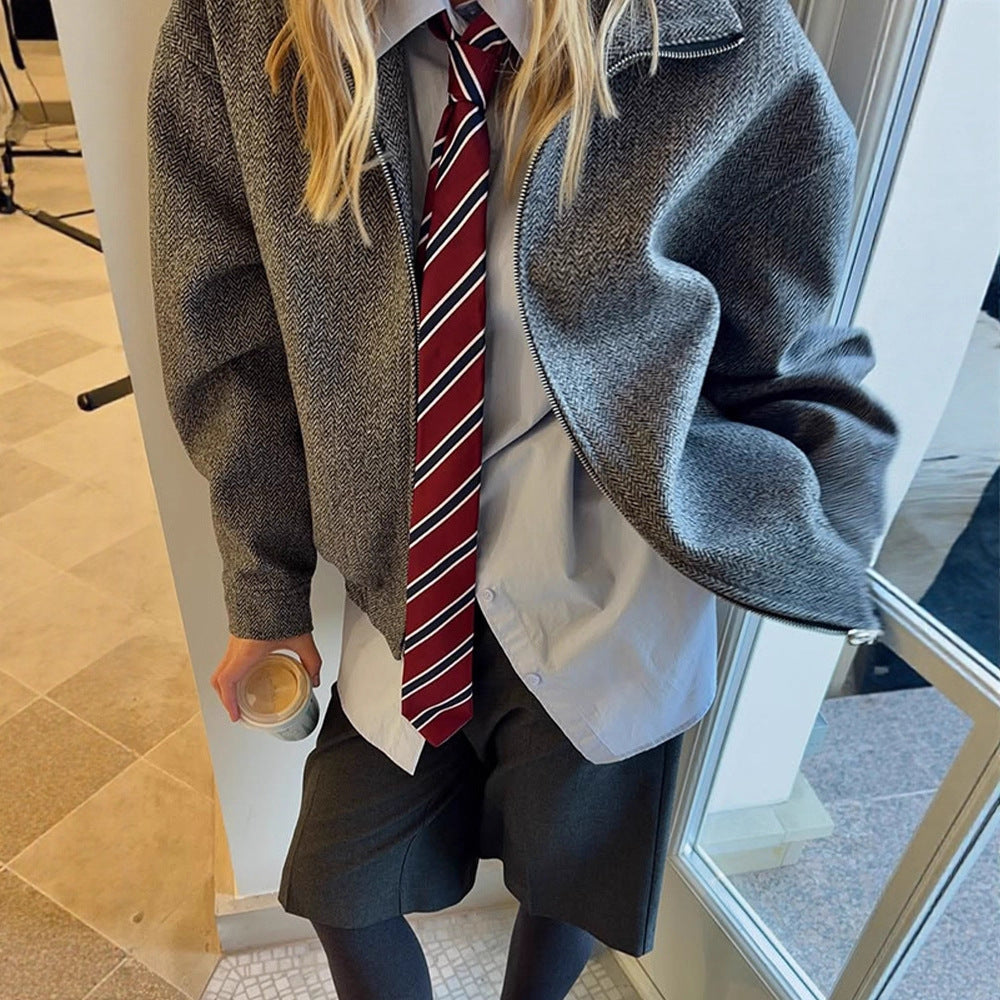 Ladies short jacket in herringbone wool blend with zip and elastic hem Amarae