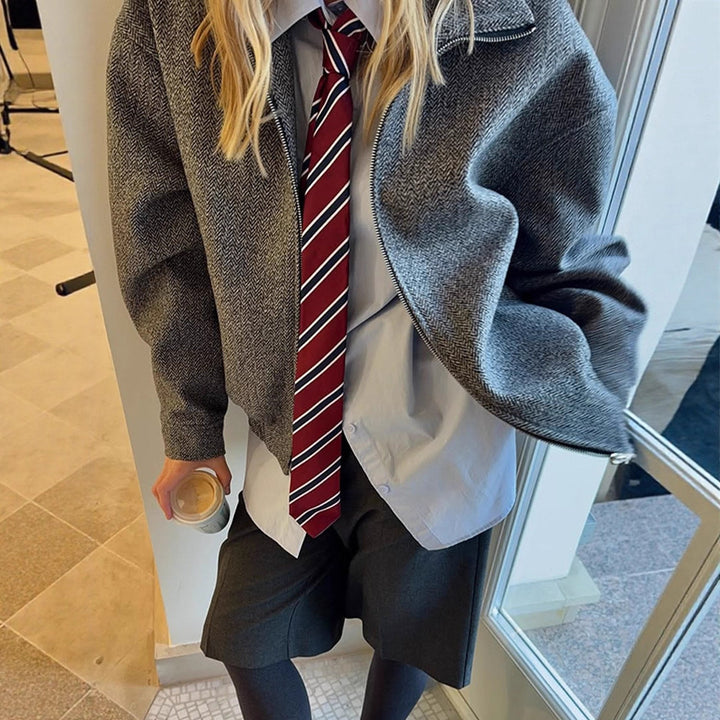 Ladies short jacket in herringbone wool blend with zip and elastic hem Amarae