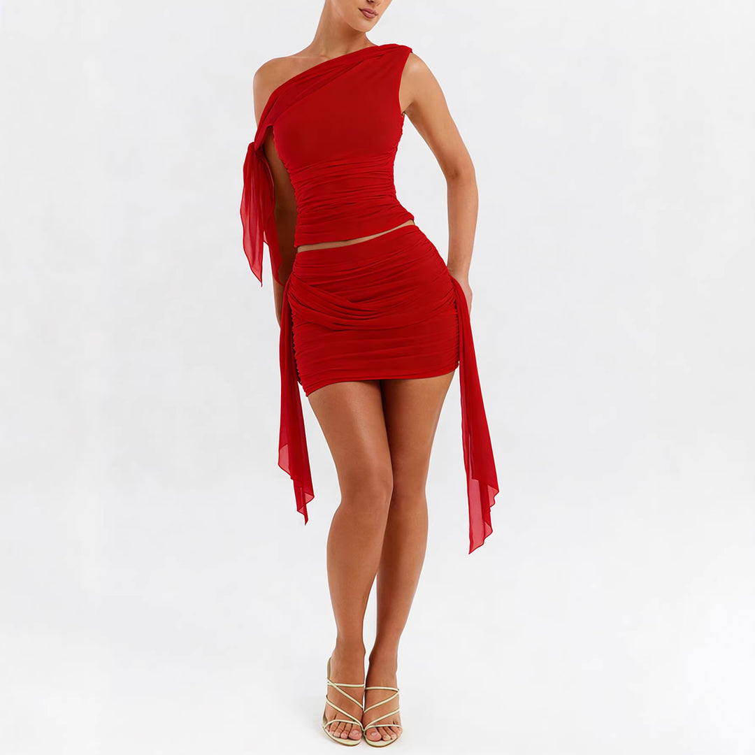 Women's set of off-the-shoulder blouse and mini skirt with gathering Lune London
