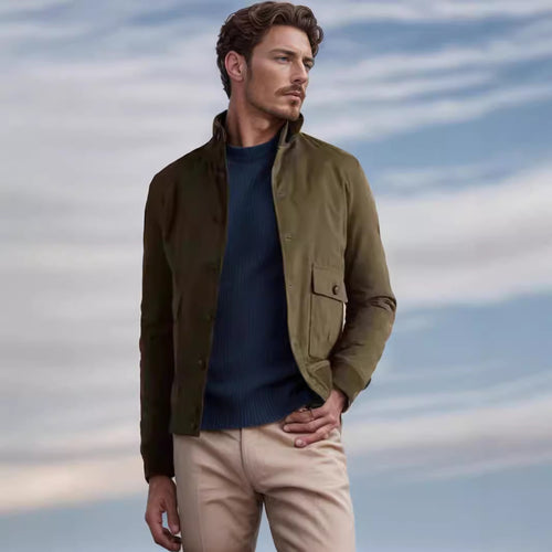 Functional utility jacket for men with high collar and flap pockets Amarae