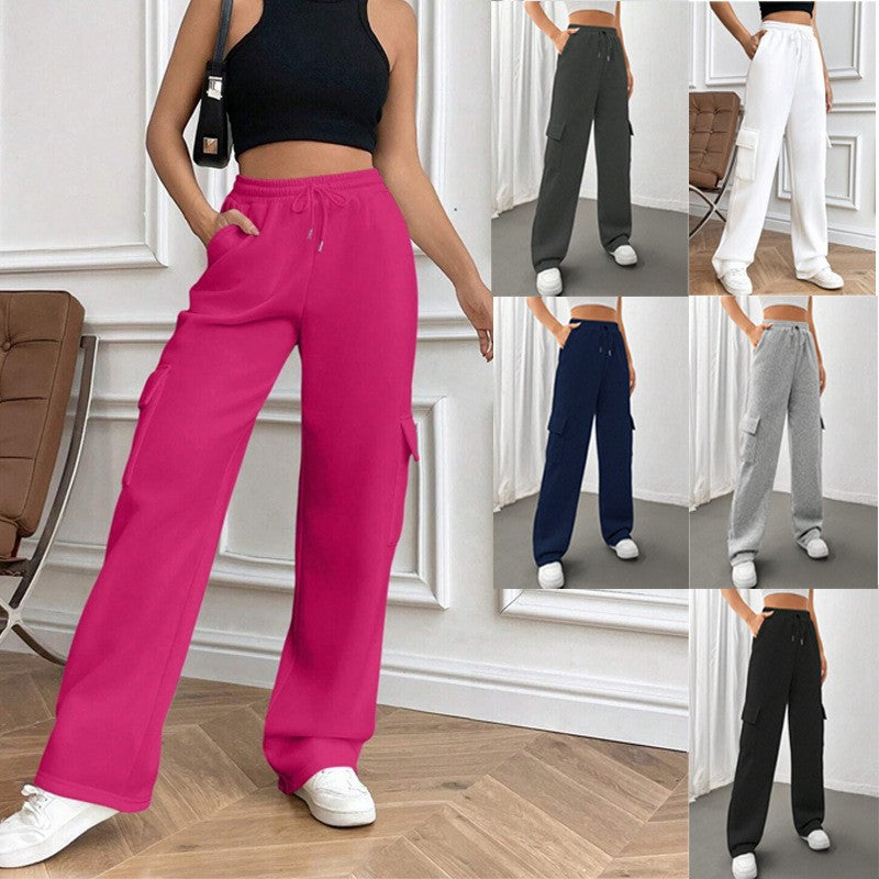 Ladies cargo jogging pants with high elastic waistband, drawstring, and wide leg Amarae
