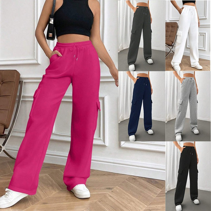 Ladies cargo jogging pants with high elastic waistband, drawstring, and wide leg Amarae