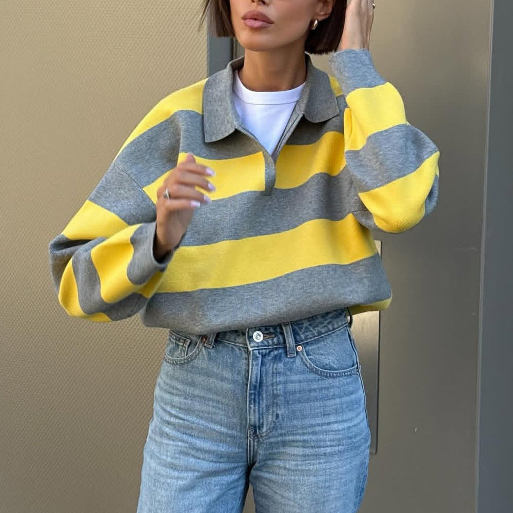 Women's Oversize Striped Rugby Sweater with Open Polo Collar and V-Neck Amarae