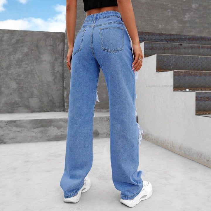 Women heavily distressed flared jeans with wide legs and ripped inserts Amarae