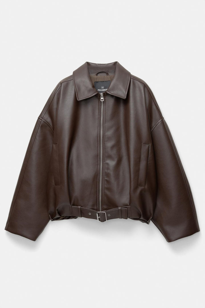 Women Oversized Leatherette Blouson with Waist Belt Amarae