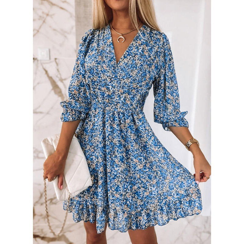 Mini floral V neck dress for women with gathered waist Lune London