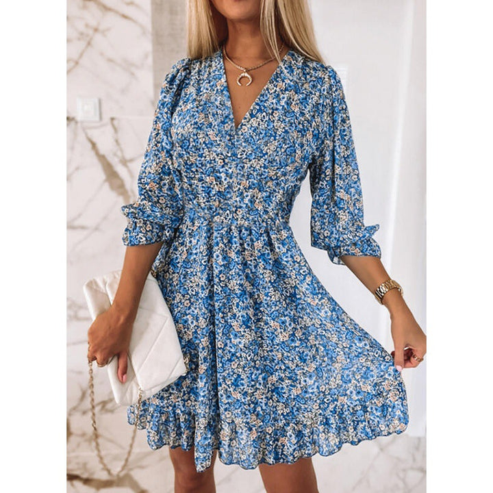 Mini floral V neck dress for women with gathered waist Lune London