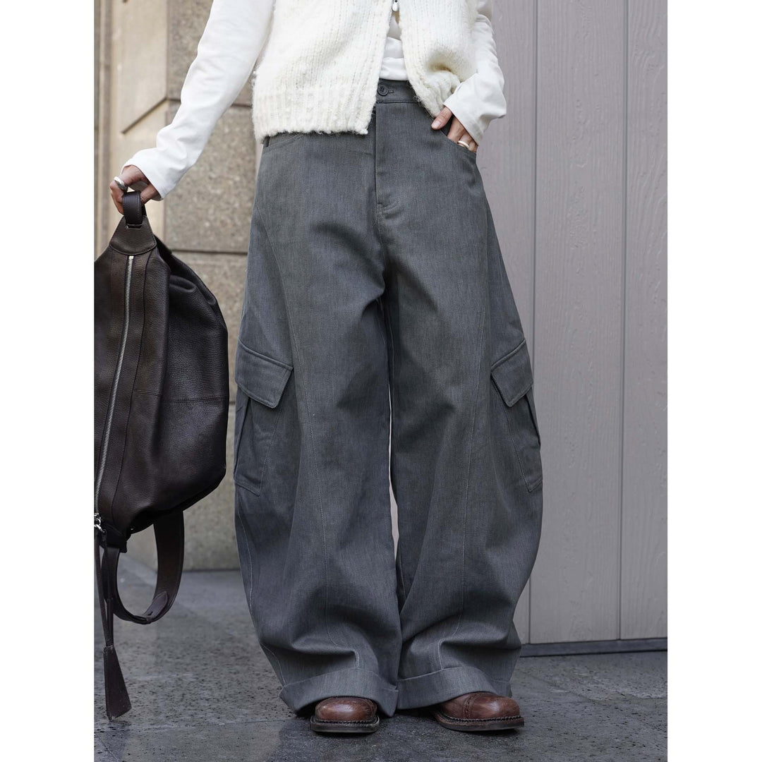 Women's Wide Twill Cargo Pants in Baggy Style with High Waistband, Knee Panels and Cuffed Hem Amarae