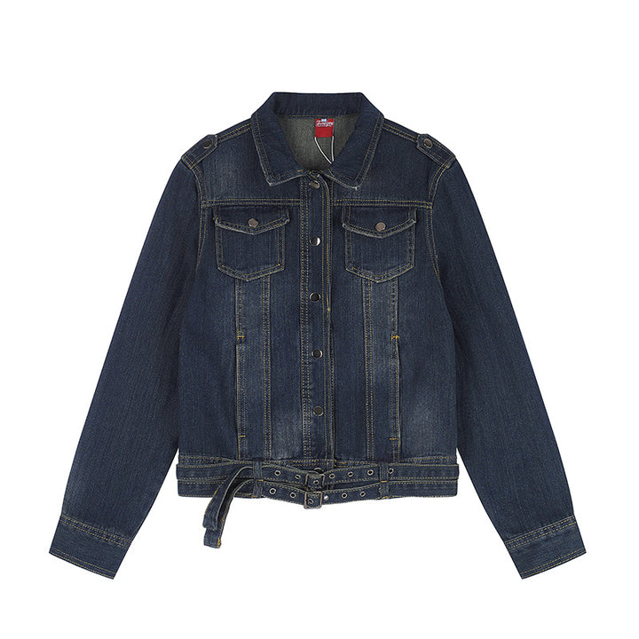 Ladies short denim jacket with waist belt, snap front and patch breast pockets Amarae