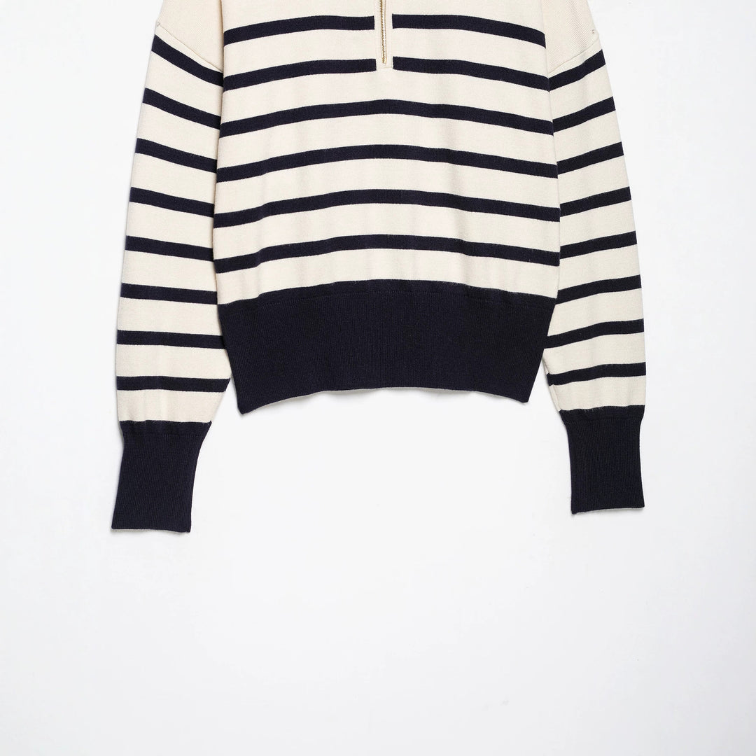 Women's Striped Half-Zip Knit Sweater with Stand-up Collar Amarae