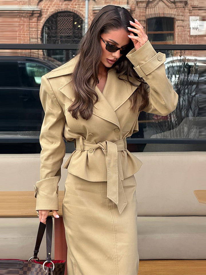 Women Tailored Trench Set with Peplum, Tied Belt & Pencil Skirt Amarae