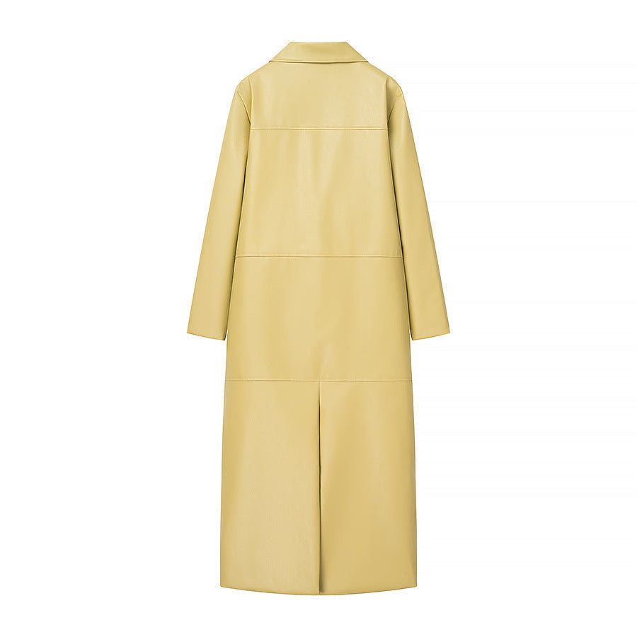 Women Long Faux Leather Coat with Full Button Placket and Panel Seams Amarae