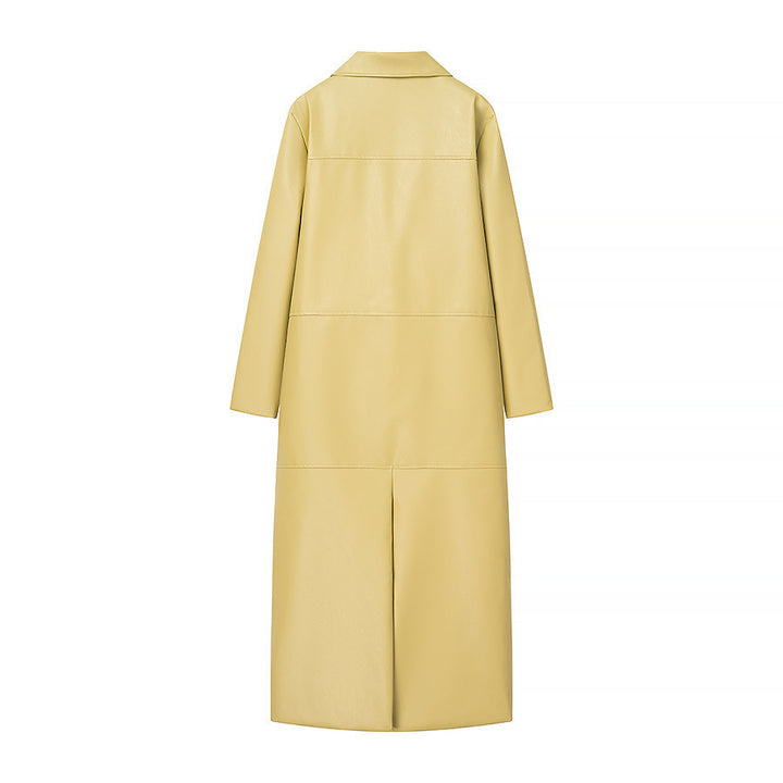 Women Long Faux Leather Coat with Full Button Placket and Panel Seams Amarae