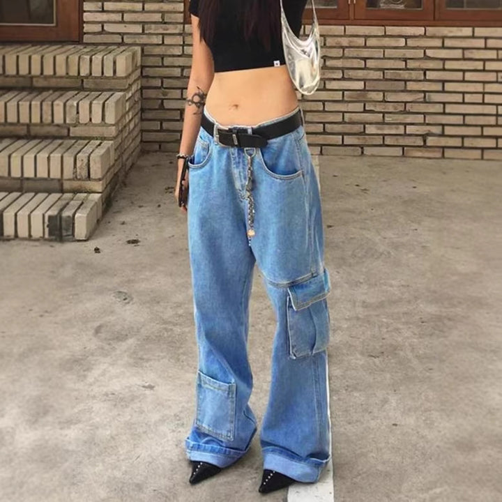 Women Extra Wide Baggy Jeans with Cargo Patches and Low Waist Amarae