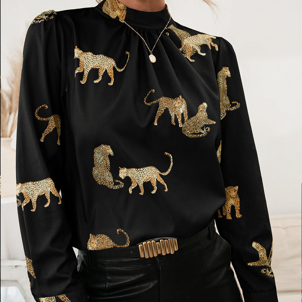 Women's blouse with glamorous animal print and elegant high collar Lune London