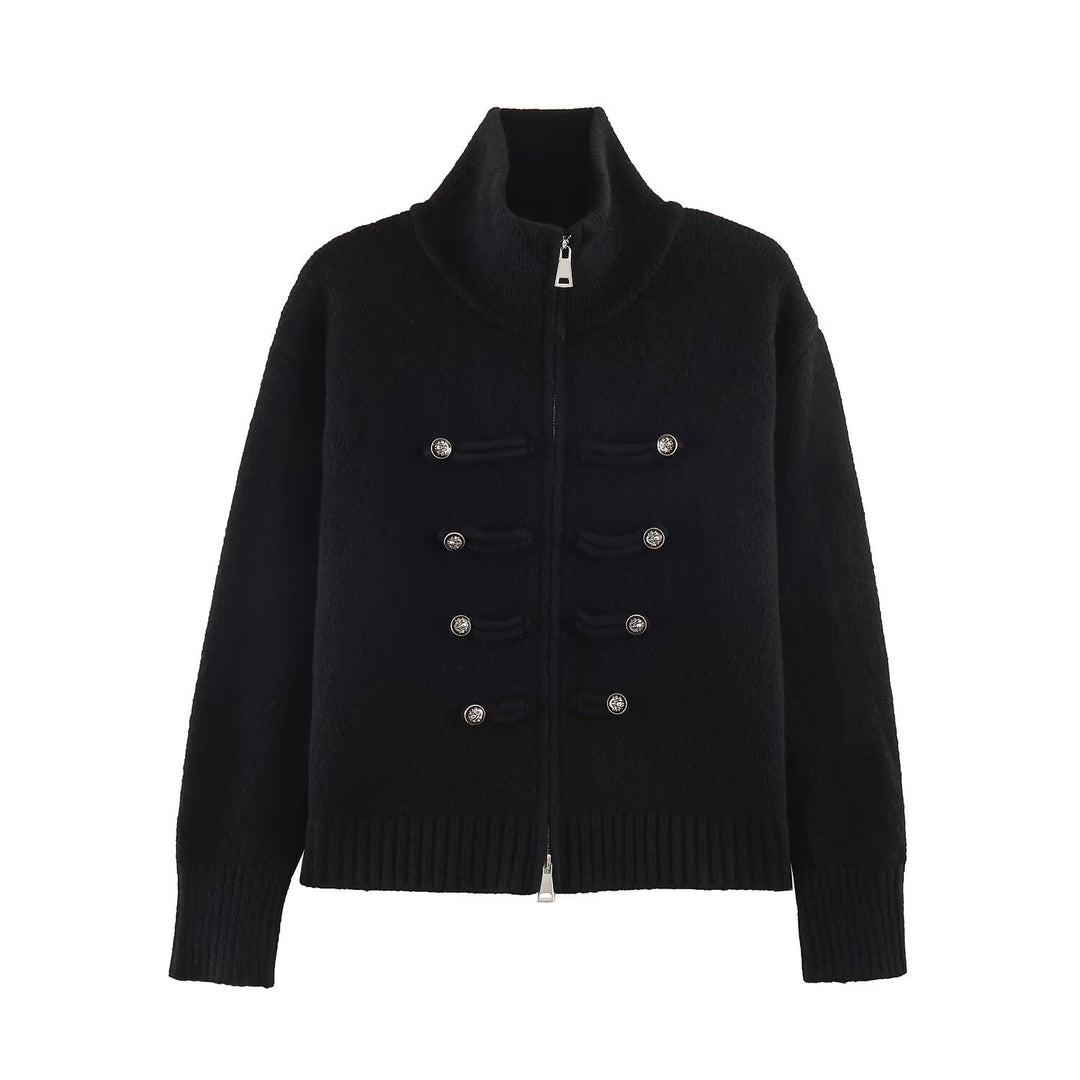 Women's cardigan with zipper, high stand-up collar, and decorative button plackets Amarae