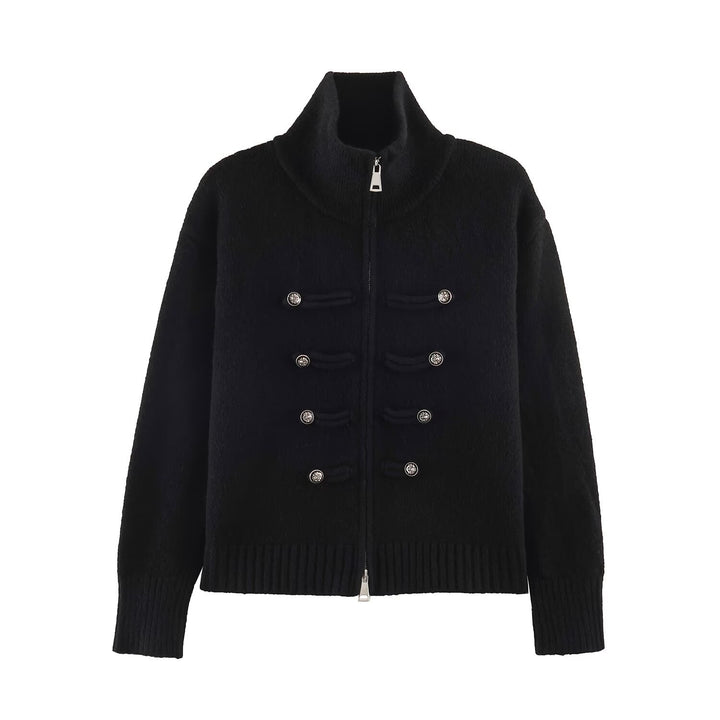 Women's cardigan with zipper, high stand-up collar, and decorative button plackets Amarae