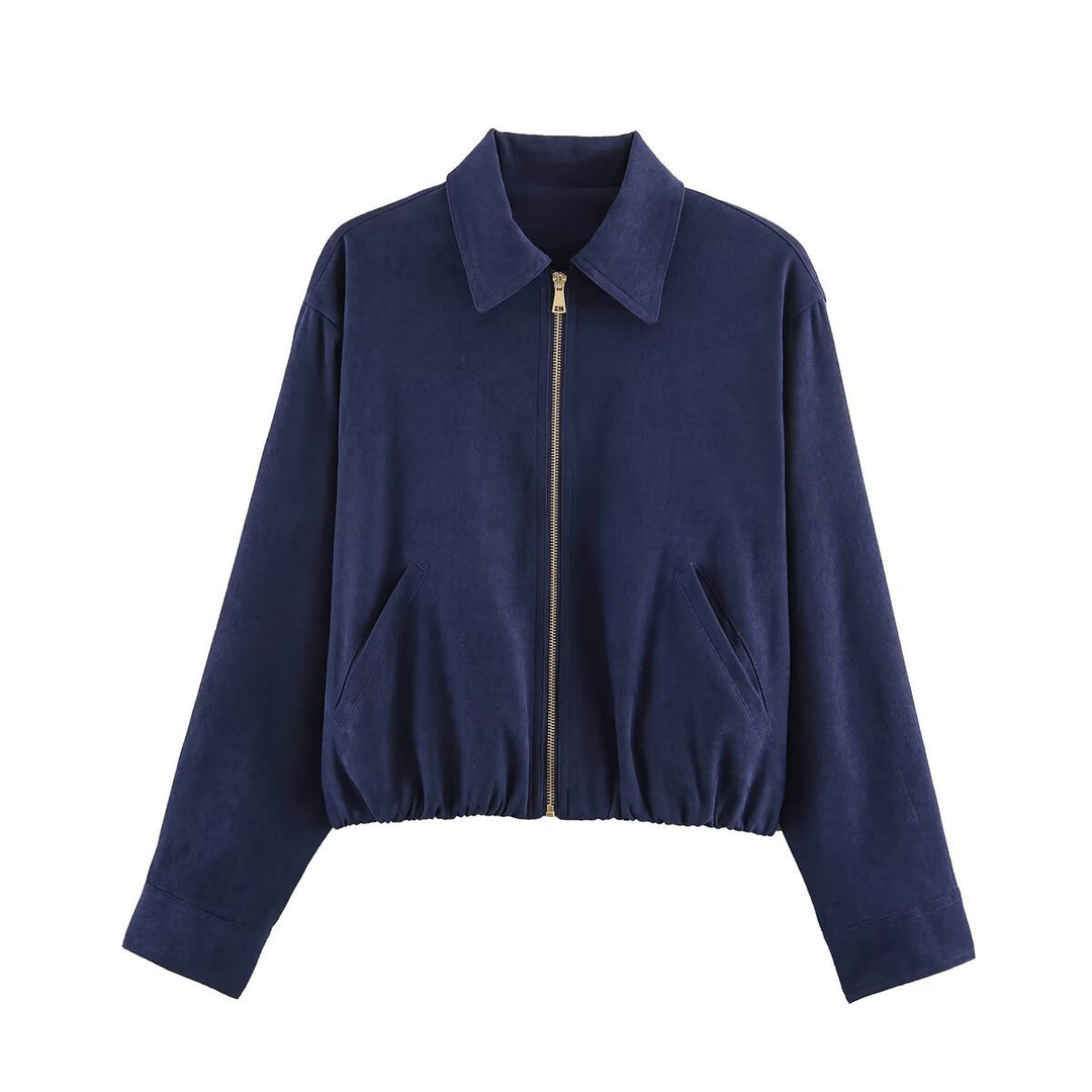 Women's Short Cut Bomber Jacket with Zipper, Shirt Collar and Elastic Hem Amarae