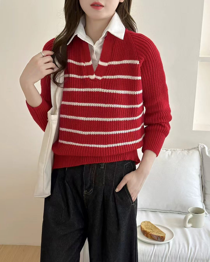 Knit sweater for women with V-neck and striped design Lune London