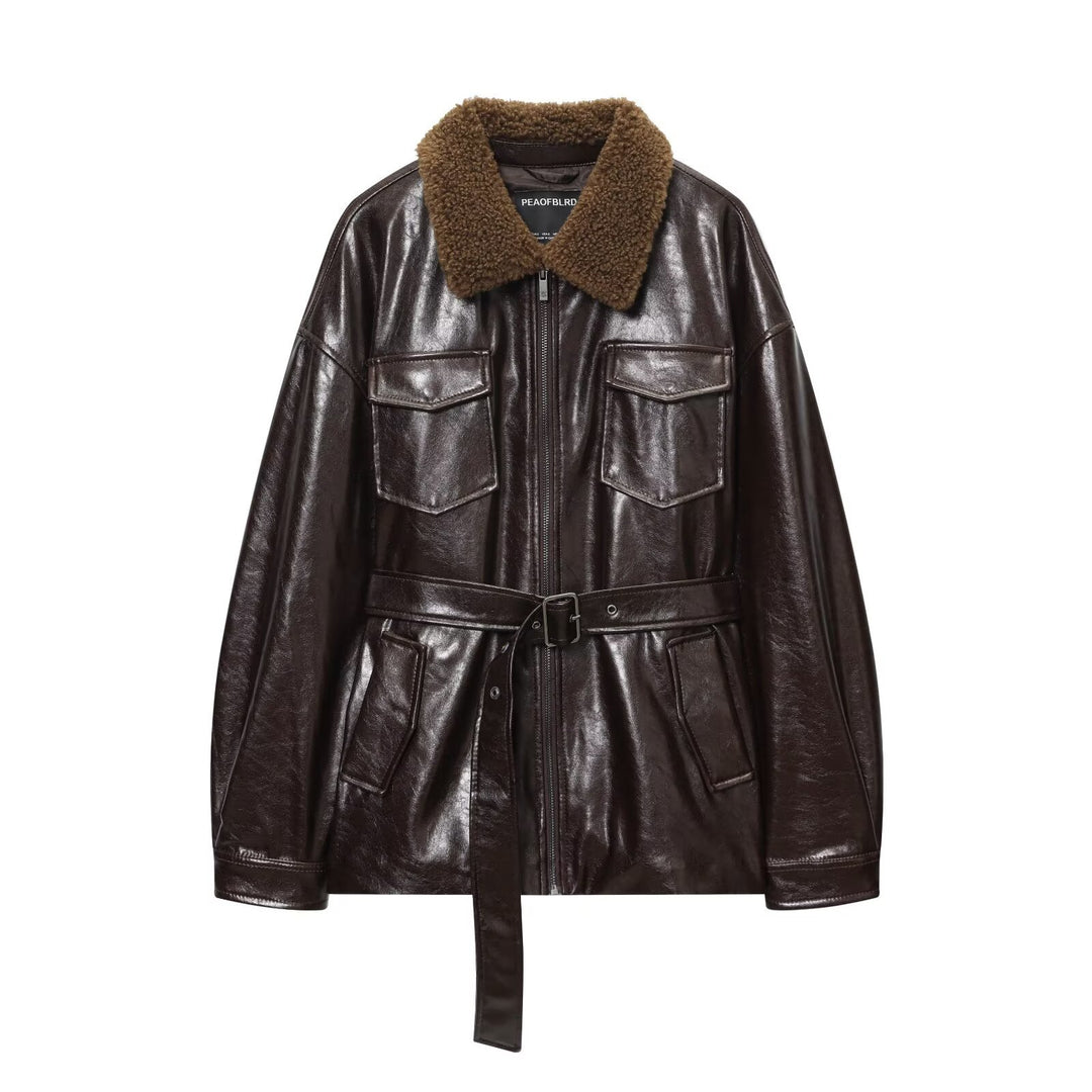 Women's Oversized Faux Leather Jacket with Teddy Collar and Waist Belt Amarae
