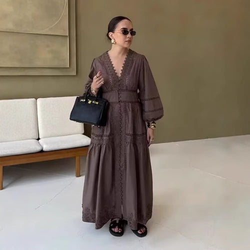 Maxi dress for women with elegant ruffle details and a feminine V-neck Amarae
