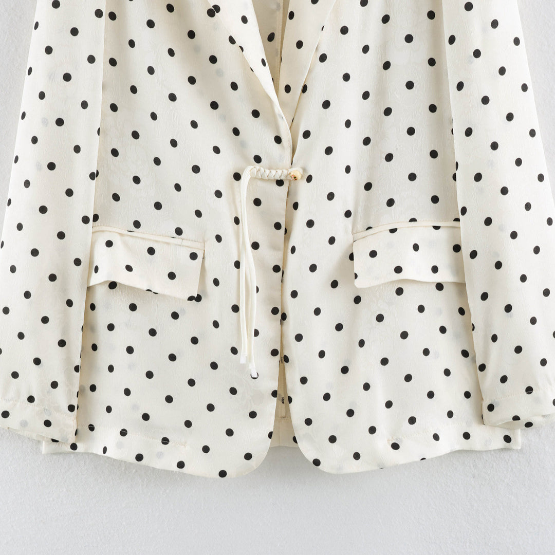 Ladies Light Polka Dot Blazer with Lapels, Drawstring Waist and Flap Pockets Amarae