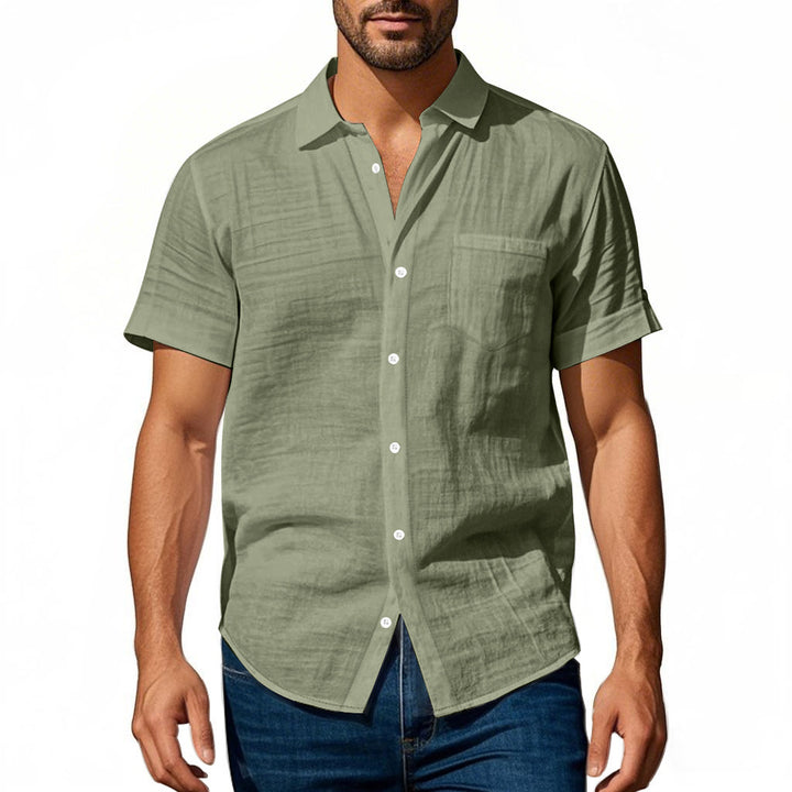 Short sleeve linen shirt for men with structured design and practical chest pocket Lune London