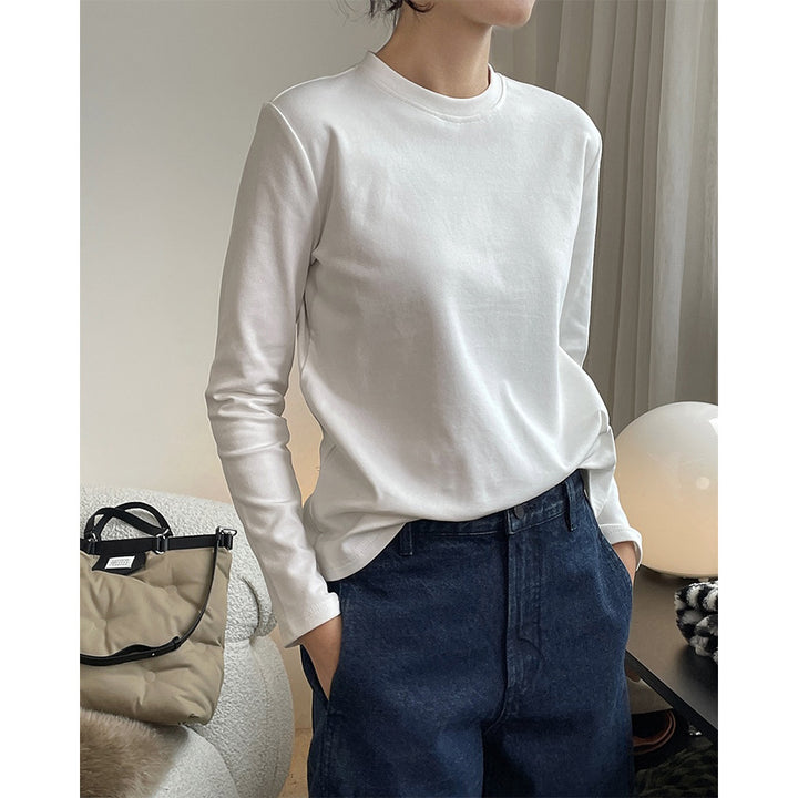 Women finely crafted long sleeve basic shirt made of cotton blend with round neckline Amarae