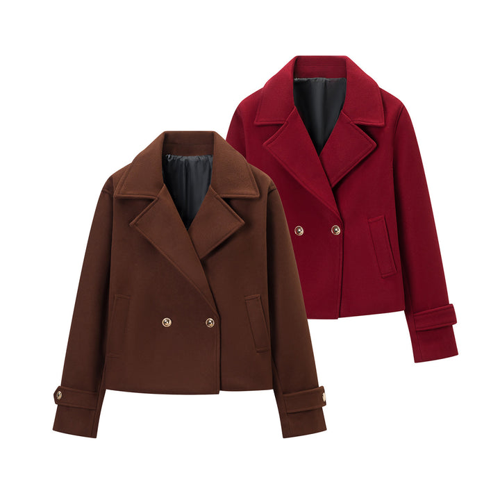 Women Short Double-Breasted Wool Mix Short Coat with Large Lapels, Roll-Up Cuffs and Flap Pockets Amarae