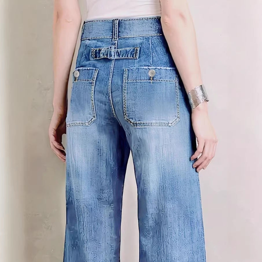 Ladies light vintage-inspired culotte jeans with visible seam panels and patch front pockets Amarae