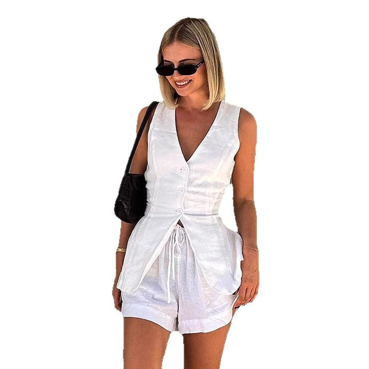 Ladies Elegant Linen Blouse with Chic Shorts Set and Style