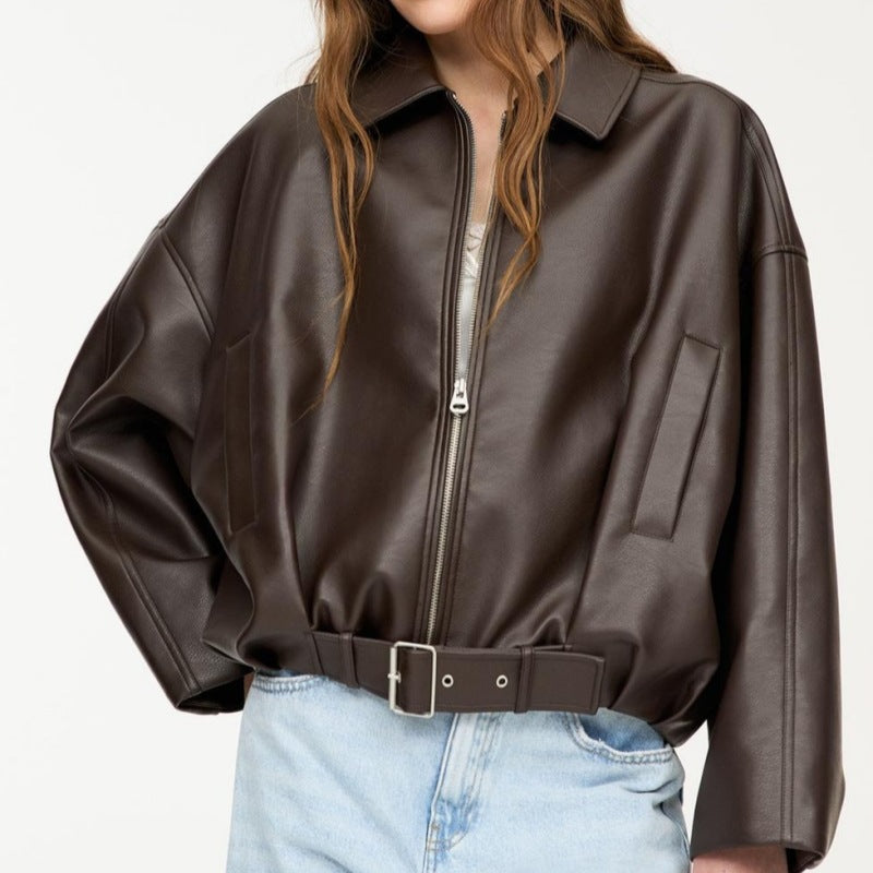 Women Oversized Leatherette Blouson with Waist Belt Amarae