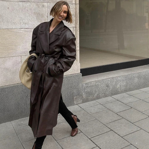 Ladies Maxilength Oversize Faux Leather Trench Coat with Wide Lapels and Waist Belt Amarae