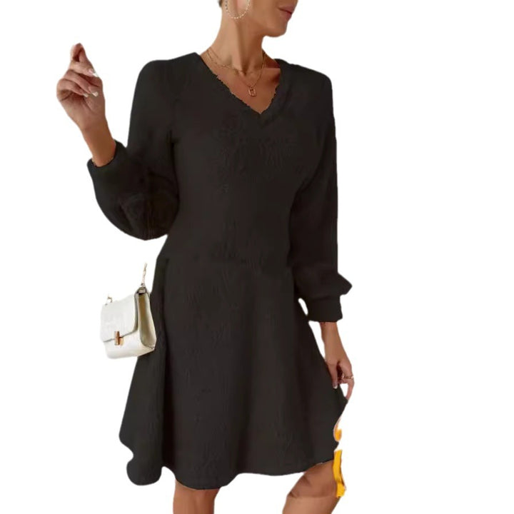 V-neck plush dress for women with long sleeves and flared hem Lune London