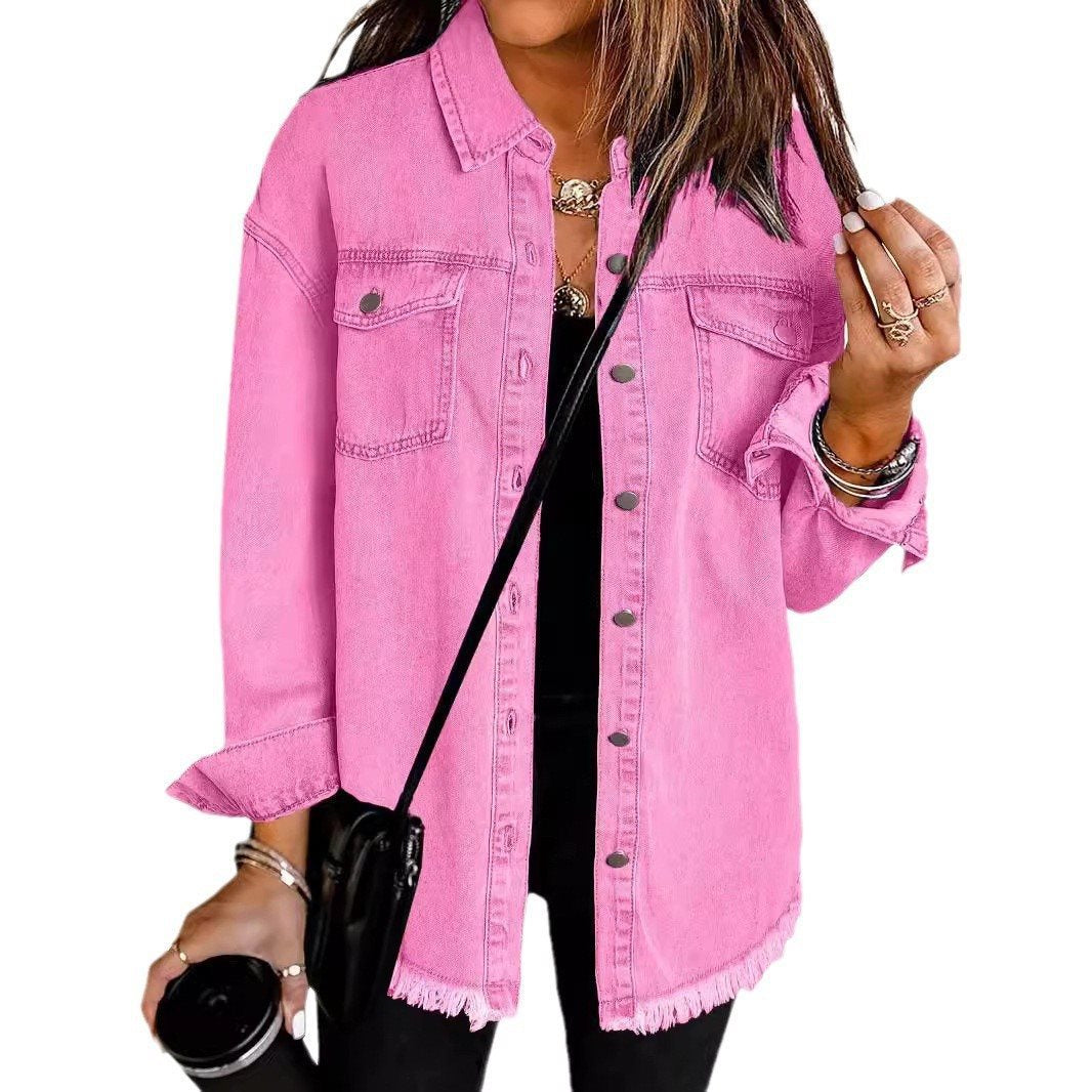 Casual denim jacket for women with frayed hems and patch pockets Lune London