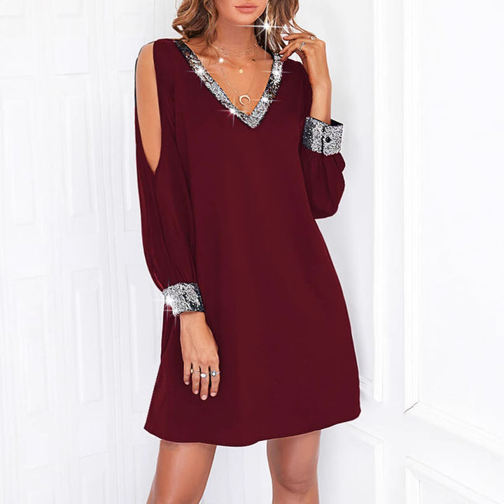 Elegant dress for women with shiny V-neck and puff sleeves Lune Londonl