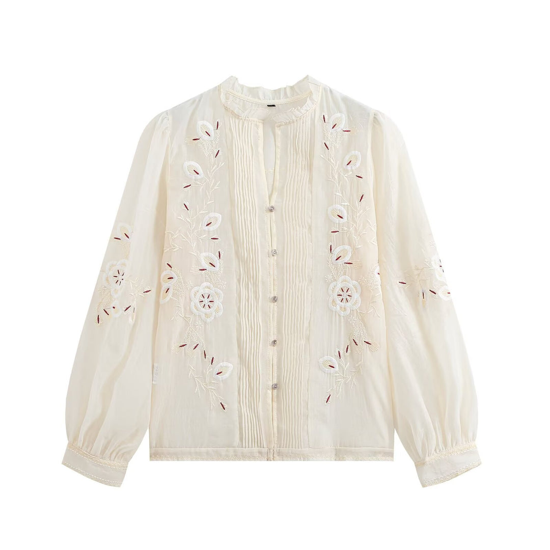 Women Embroidered Chiffon Blouse with Pleated Front and Balloon Sleeves Amarae