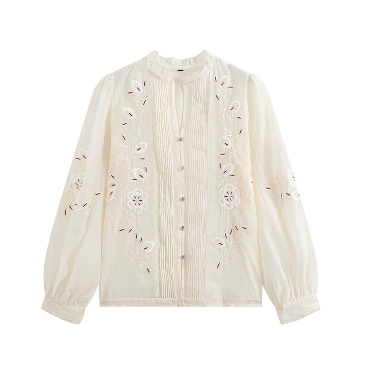 Women Embroidered Chiffon Blouse with Pleated Front and Balloon Sleeves Amarae