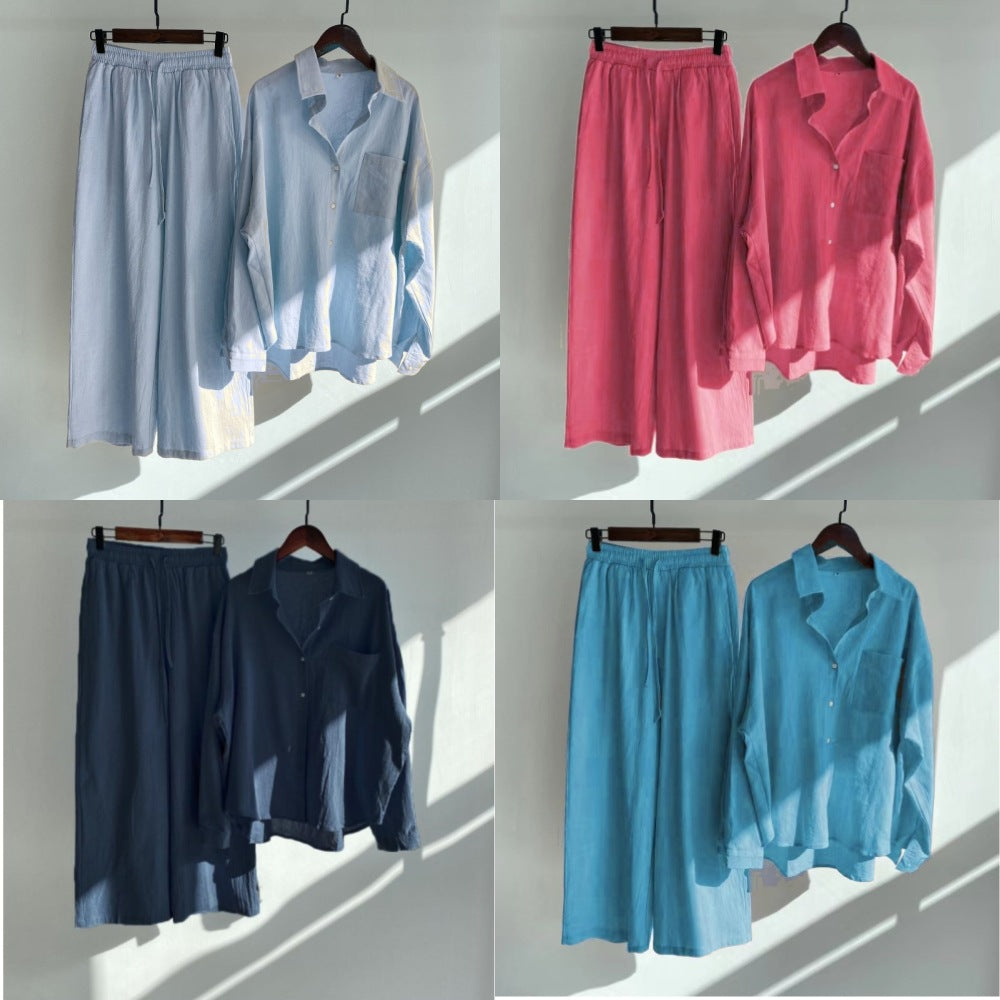 Women's Loose-Fitting Two-Piece Viscose Loungewear Set with Shirt Blouse and Wide Palazzo Pants Amarae