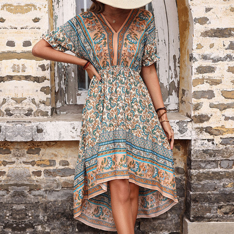 High-Low Elegant Women's Floral Print Ruffle Maxi Dress