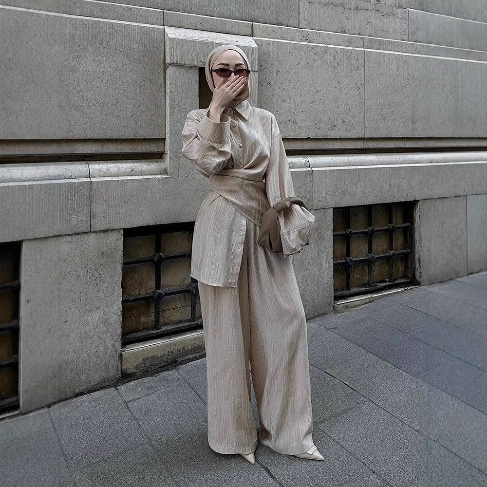 Women's casual tunic set with wrap belt and wide palazzo pants Amarae
