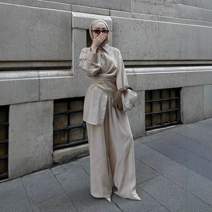 Women's casual tunic set with wrap belt and wide palazzo pants Amarae