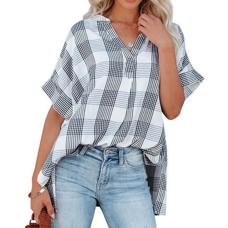 Casual short sleeve shirt for women with deep V-neck and rolled-up sleeves Lune London